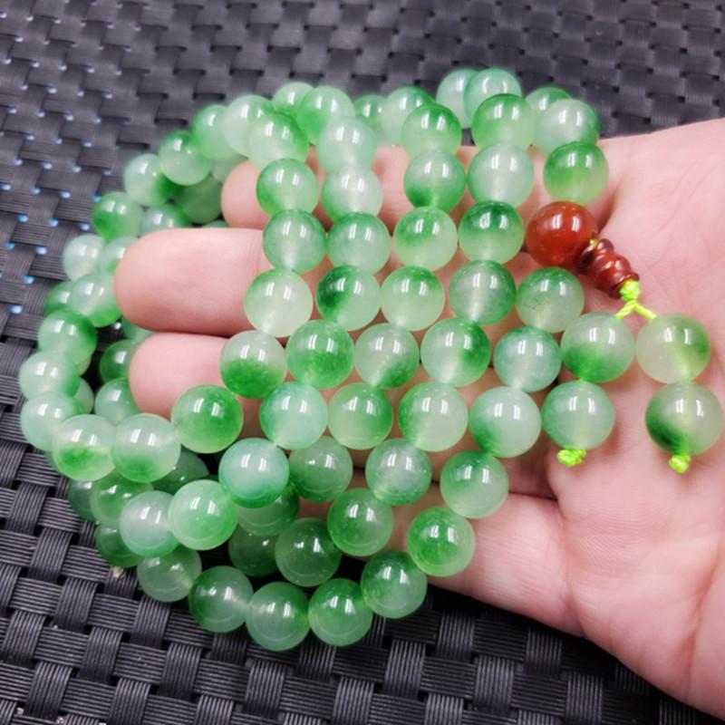 Green Jade Bracelet with Floating Flower Beads, 108 Buddhist Prayer Beads, 8mm Round 6mm Round Beads 108