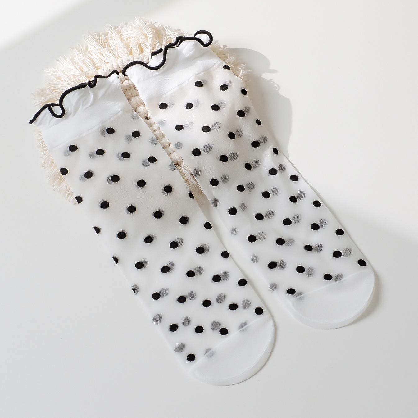Socken Damen Ultra-Dünn Weiblich Mittellang Rüsche Netzsocken Punkt Herz Muster Sommer Glasseide Niedlich Kawaii Lolita Dünne Strümpfe One Size gray
