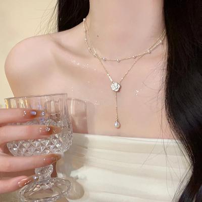 Elegant Pearl Camellia Double Layer Necklace For Women Light Luxury Exquisite Clavicle Chain Necklace Sweet Jewelry Gift