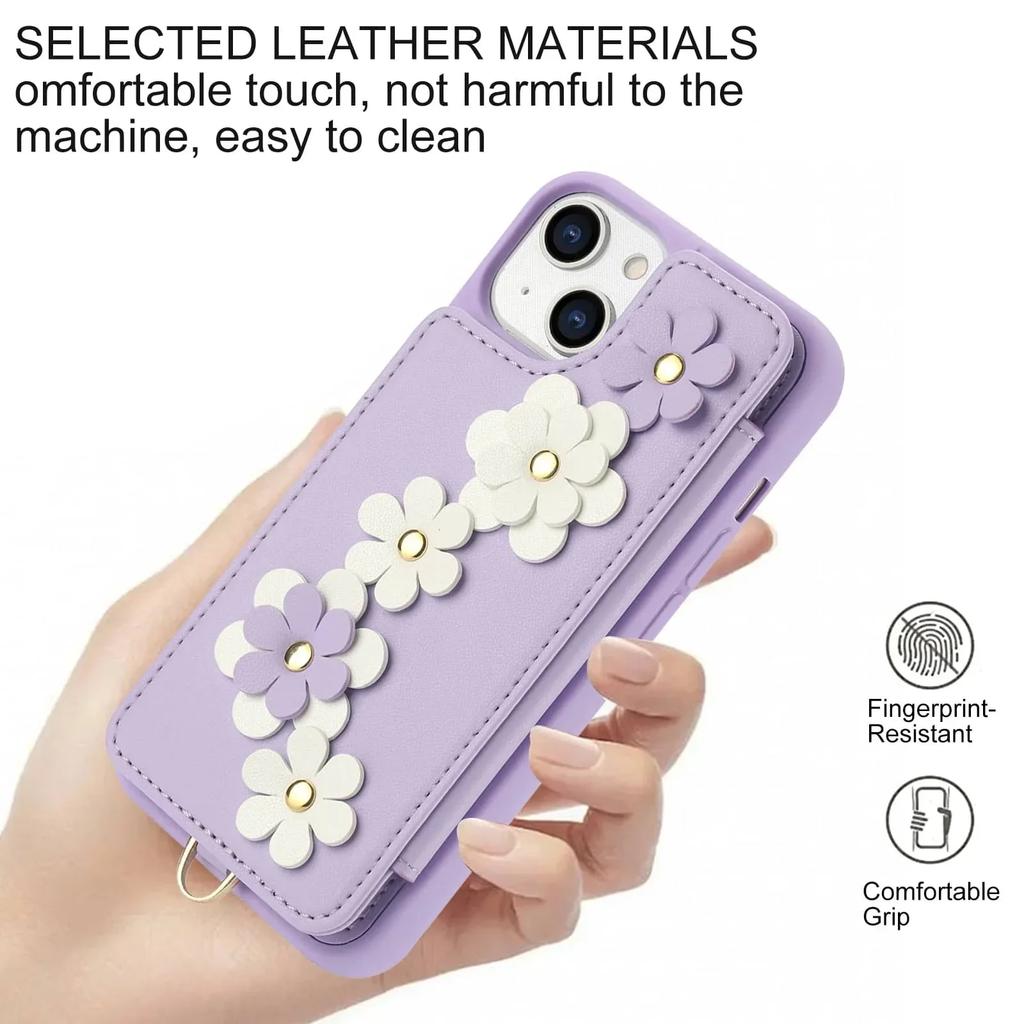 For iPhone 13 12 11 Pro Max SE 2026 7 8 Plus X XS XR XS Max Case, Wallet with Card Holder, Cute Flower Design Crossbody Purse