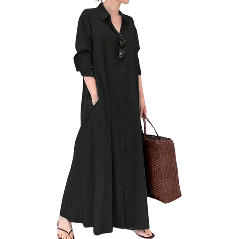 

[Luxe Relax] long one piece ladies maxi length long sleeve shirt tunic Relaxing body shape cover Easy black black 5S-L01-BKXL