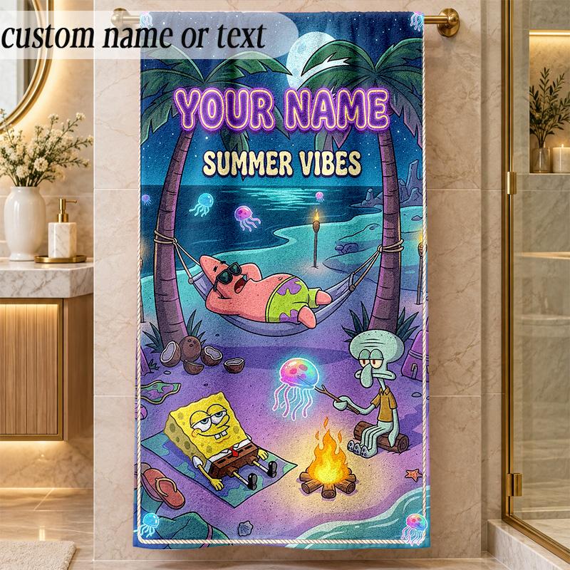 Beach TowelSpongeBob Custom Name Text Personalized Soft Towel for Beach Pool Indoor Home Decor Gift