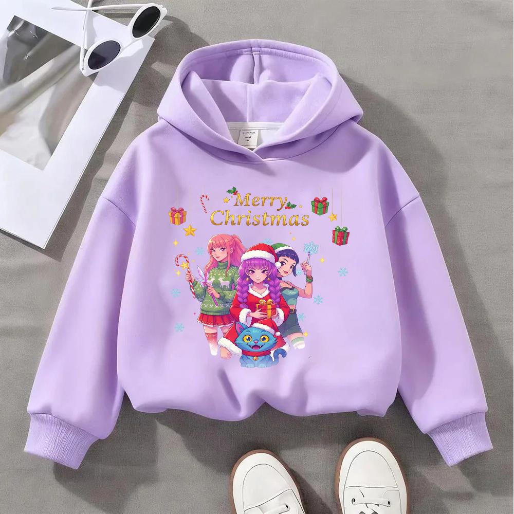 Festive Christmas Kids Hoodie with Adorable Anime Girls and Cute Cat Design for Season's Greetings