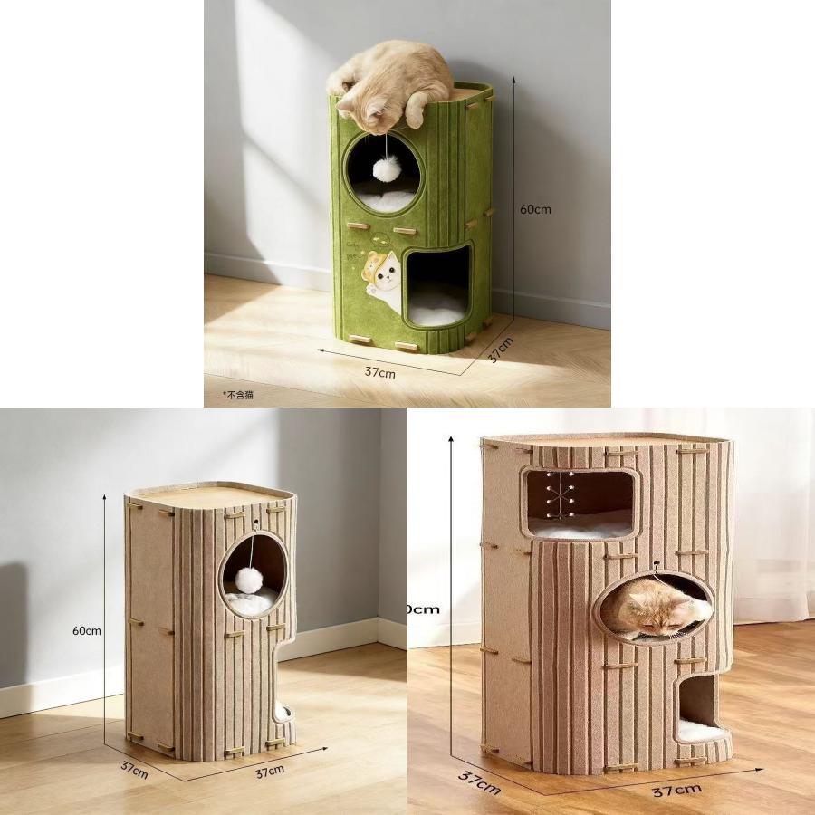 Cat Scratching Post With Multistory Cat House Made Of Polyester And Felt For Indoor Play