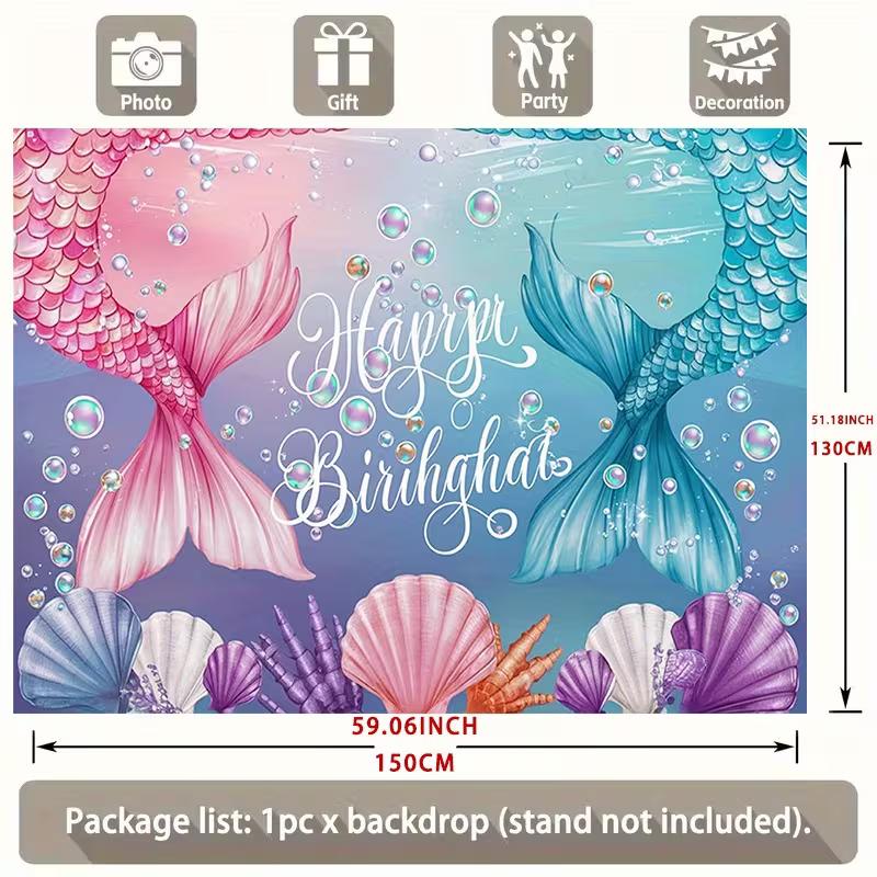 2D Little Mermaid Photo Backdrop with Colorful Tails and Underwater Scene