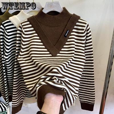 Autumn and Winter Fashion Half High Neck Stripe Fake Two Piece Fashion Versatile Loose Reducing Age Women's Knitted Sweater