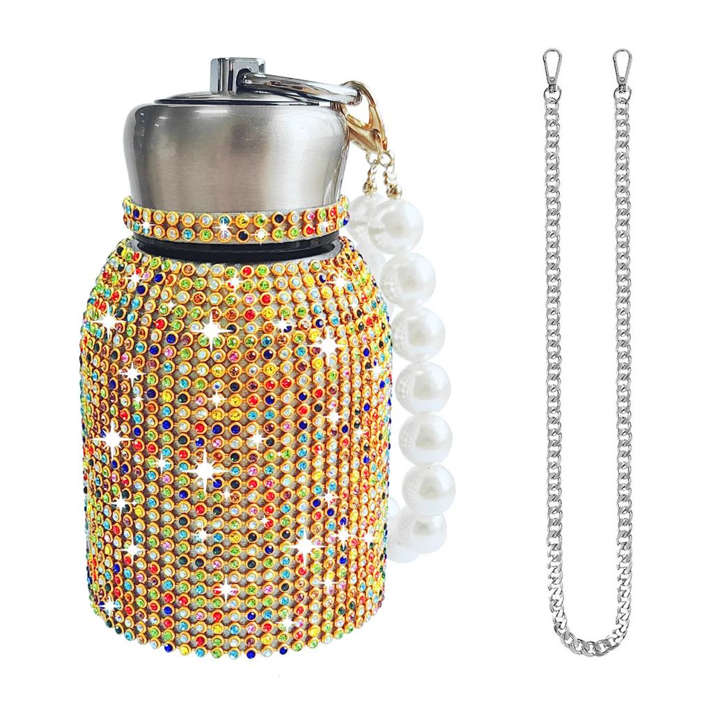 300ml Luxus Strass Edelstahl Isolierbecher Funkelnd Tragbar Perlenkette Wasserflasche Tragbar Reise Vakuumflaschen