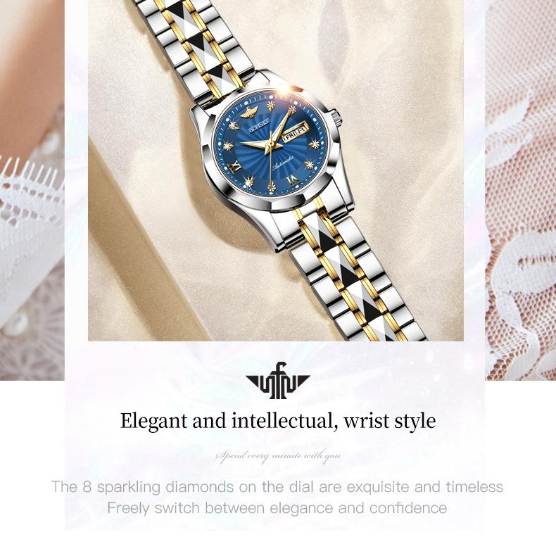 OUPINKE Montres en acier tungstène incrusté de diamants, montre mécanique automatique étanche pour femmes