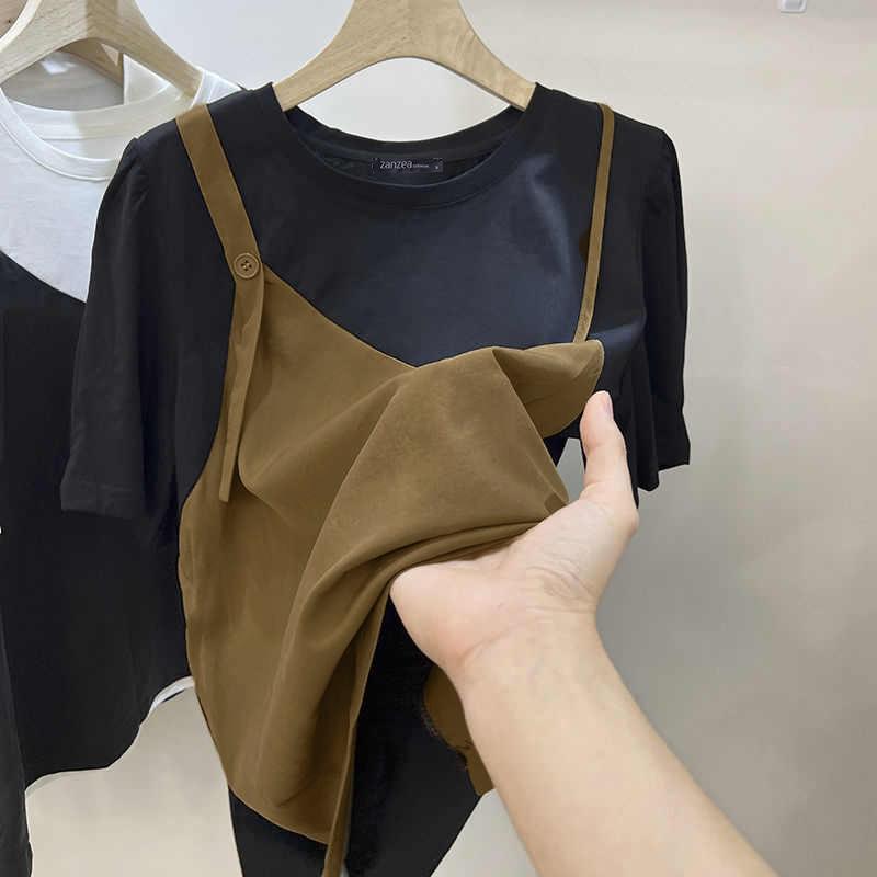 

ZANZEA Women Casual Round Neck Short Sleeve Fake Two Piece Summer Blouse S хакі