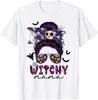Witchy Mama Halloween Costume Witch Skull Messy Bun Bleached T-Shirt