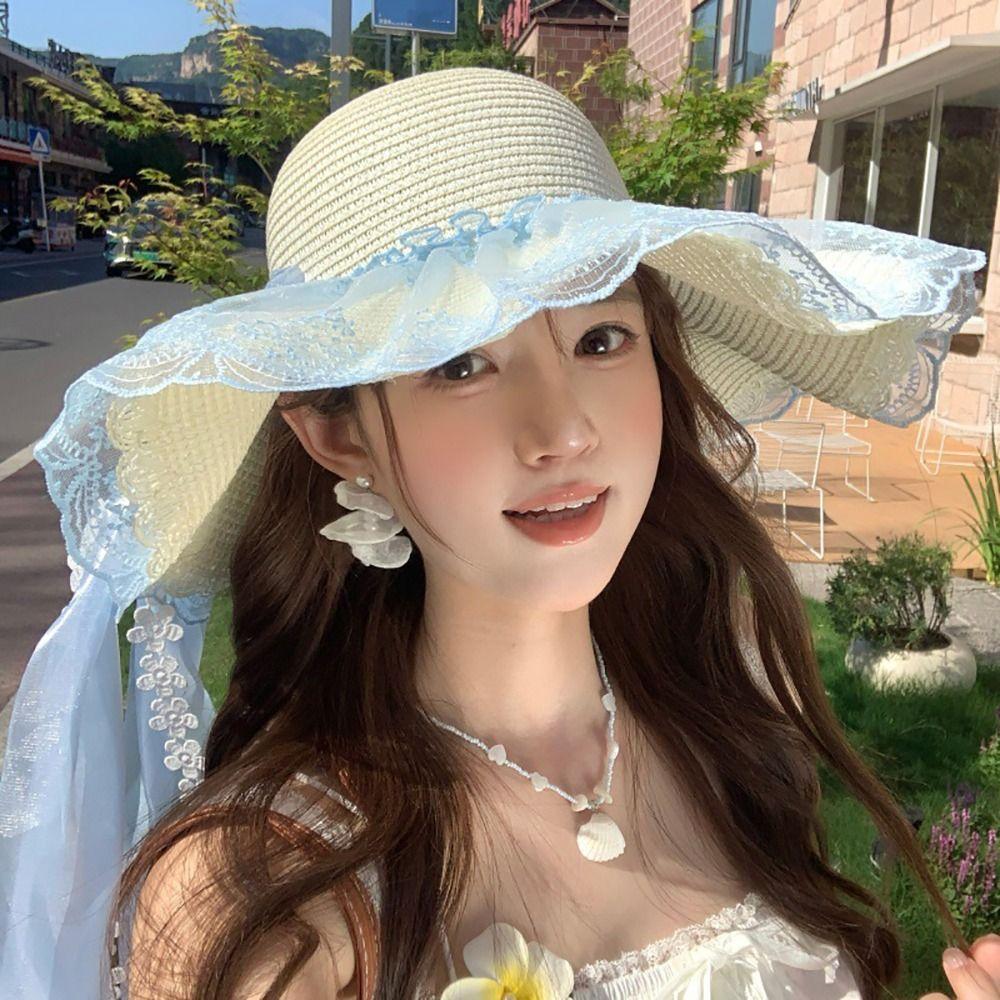 Flower Sun Hat Large Brim Wide Brim Hat Trendy Beach Cap Seaside Vacation