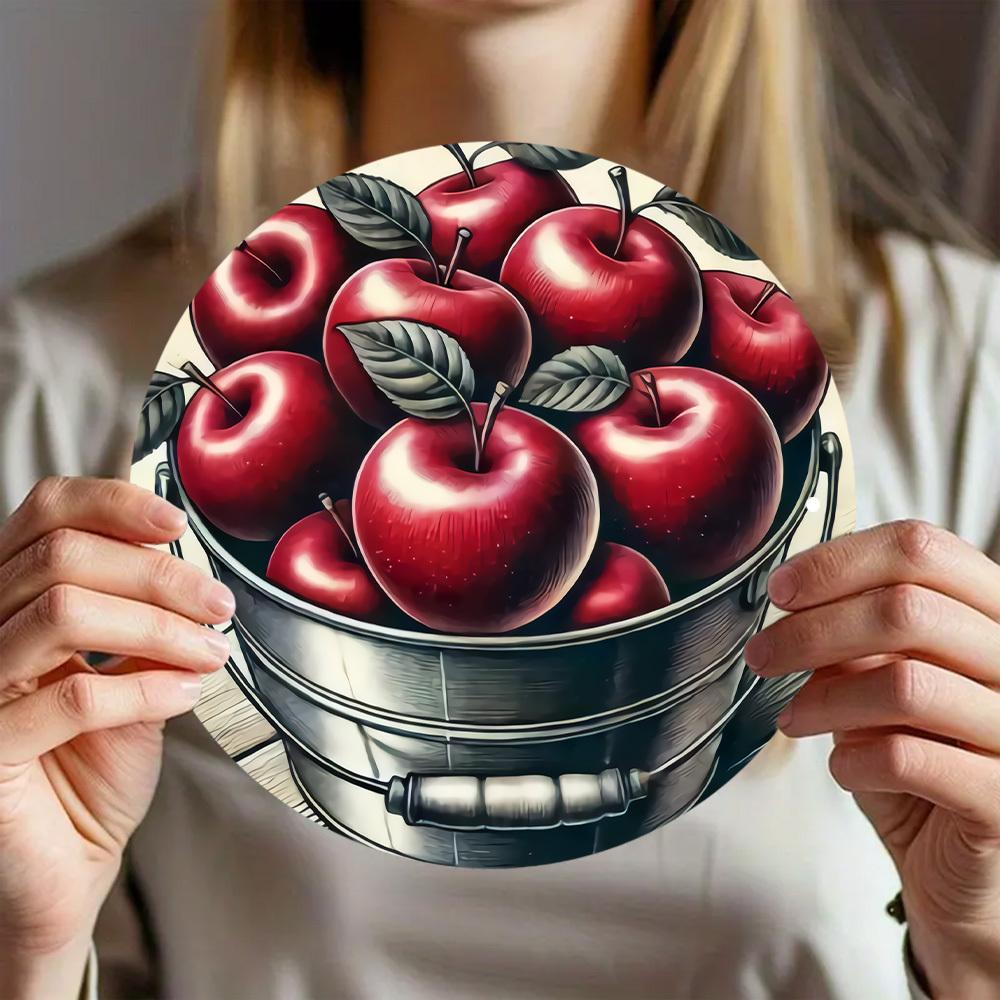 HD Tin Sign Red Apples In Metal Bucket Round Metal Wall Art Farmhouse Kitchen Decor