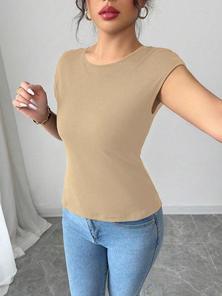European-American Fashion Women's Solid Color Slim Fit Round Neck Short Sleeve Bodycon T-shirt