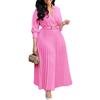 Women's new fashion lapel long-sleeved high-waisted temperament pleated solid color dress