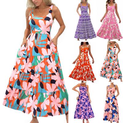 Women's Elegant Suspender Floral Print Midi Dress