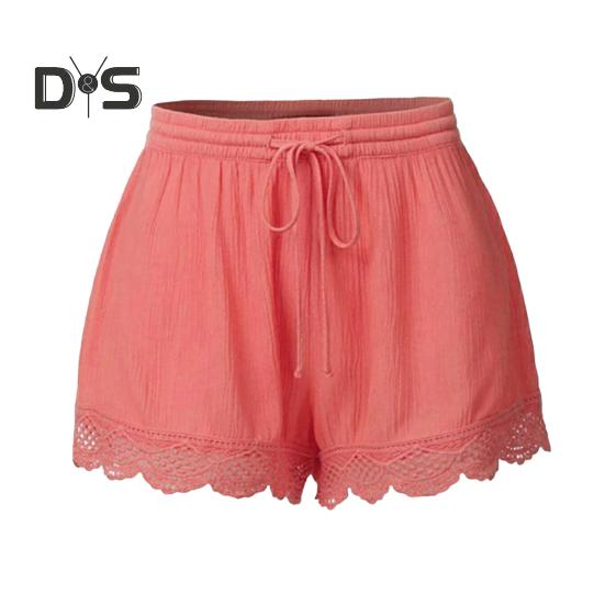 

Женские летние шорты с эластичной резинкой на талии, однотонные шорты с кружевной отделкой, свободный крой, эластичные обтягивающие штаны для йоги M розовый