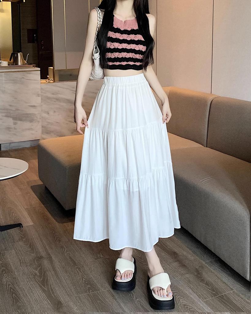 White Women's High-Waisted A-Line Midi Skirt, Slimming and Elastic Waist, Korean Style for Summer 2026