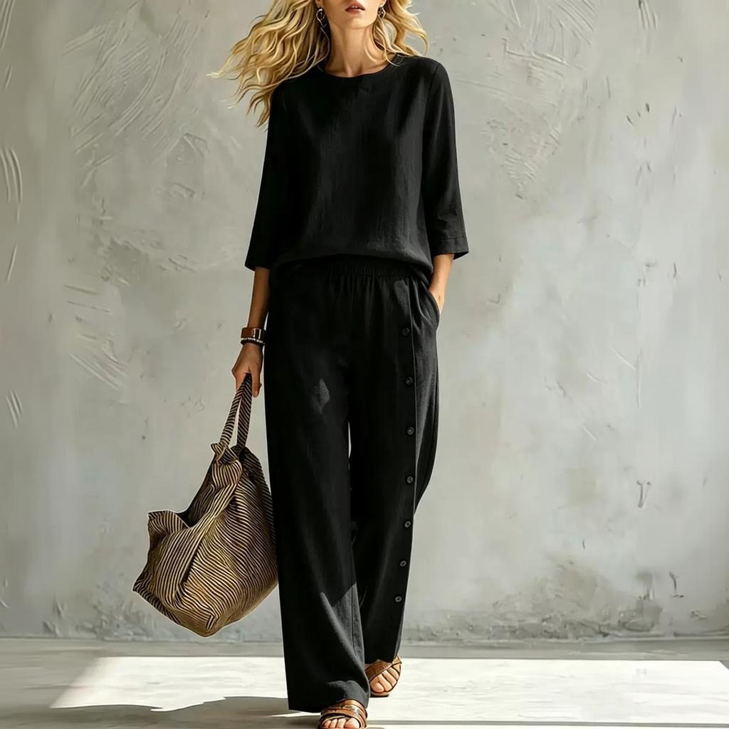 Women's Casual Two-Piece Set with Button Color Loose Fit for Everyday Wear
