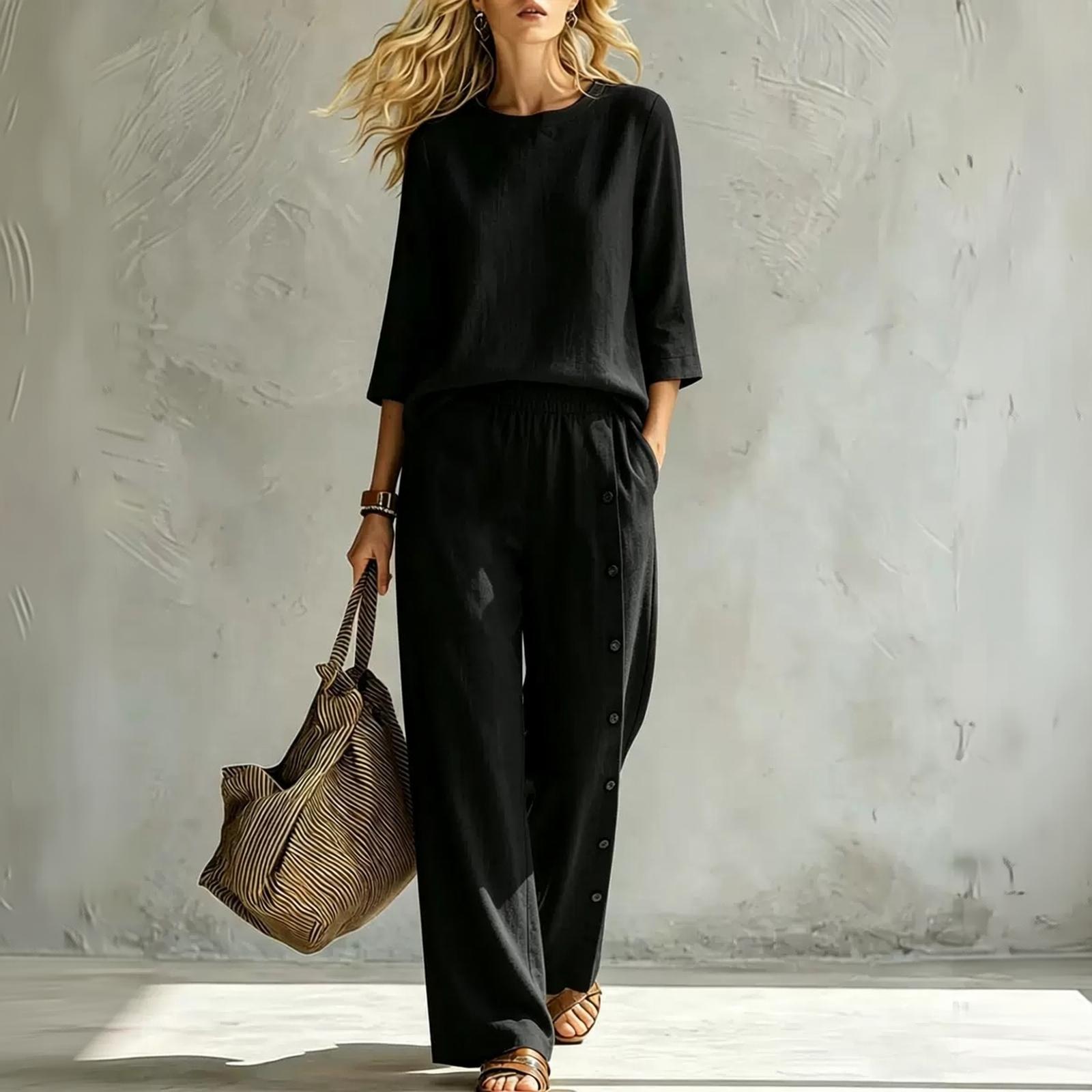 Women s Casual Two-Piece Set with Button Color Loose Fit for Everyday Wear L