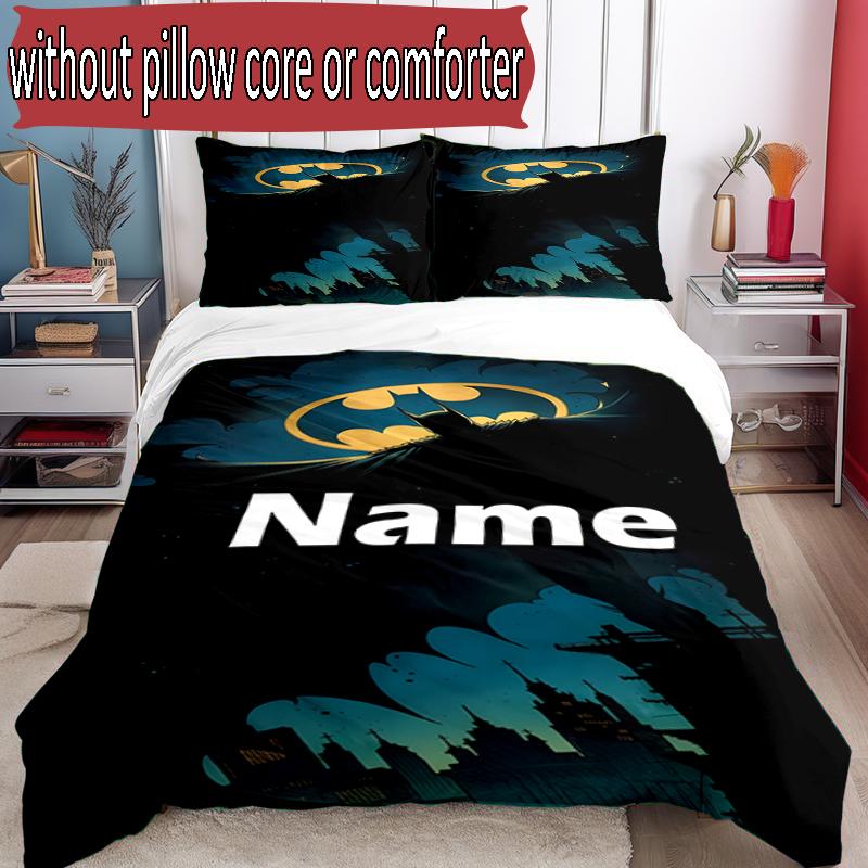 3pcs Duvet Cover Set (1*Duvet Cover + 2*Pillowcase, Without Core), Custom Name Batman Pattern Bedding Set, Home Bedroom Decor Gift