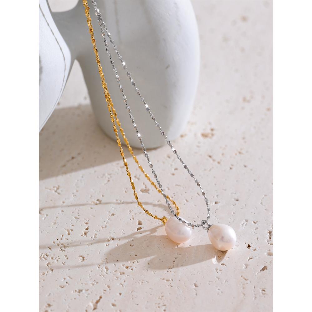 Yhpup Exquisite Thin Chain Natural Freshwater Pearl Pendant Necklace for Women Stainless Steel Fashion Collar Jewelry Gift