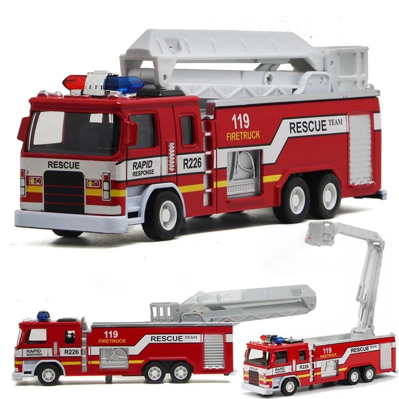1:32 Fire Truck Model Toy Car Alloy Body Rubber Tire Music Light Pull Back Climbing Water Tank 119 Vehicles Models Toys Gifts