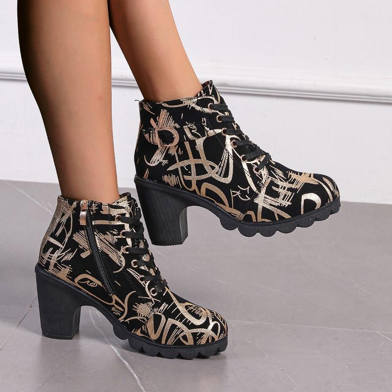 New Fashion Round Toe Women's Boots Versatile Spring and Autumn Mid-calf Side Zipper Printed Comfortable Women's Boots
