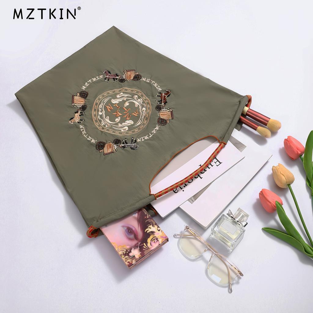 Women'S Bohemian Style Gray Tote Bag with Vintage Carriage Embroidery - Large Capacity Foldable Nylon Shoulder Bag, Reusable Perfect for Shopping