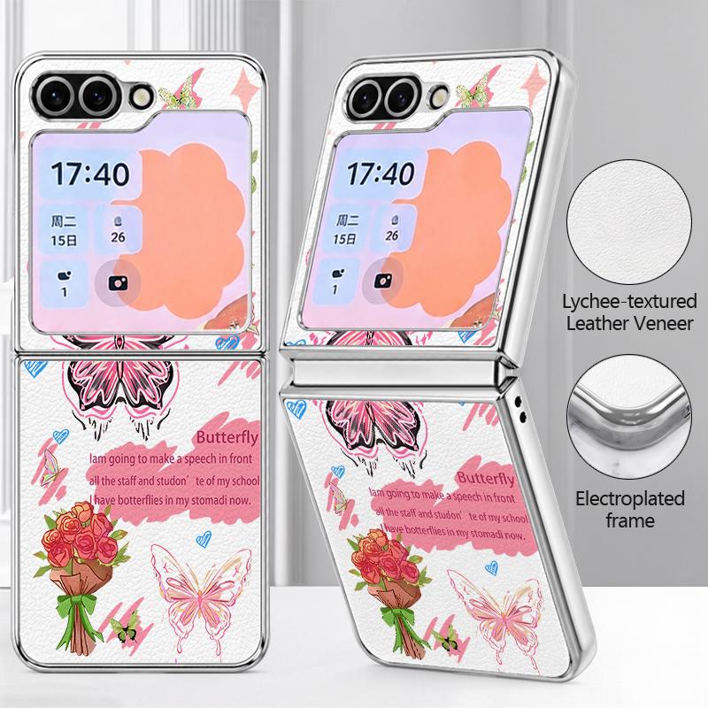 Colorful Butterfly Pattern Case For Samsung Galaxy Z FlIP 7 FE 6 5 Plating PC+PU Leather Hybrid Folding Cover For Samsung Z Flip7 Flip6 Flip5