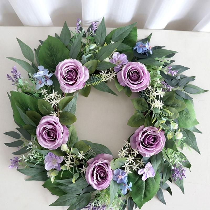 Artificial Flower with Leaf Realistic Purpler Rose Wreath Decoration for Door Window Hallway Farmhouses Wedding Wreath