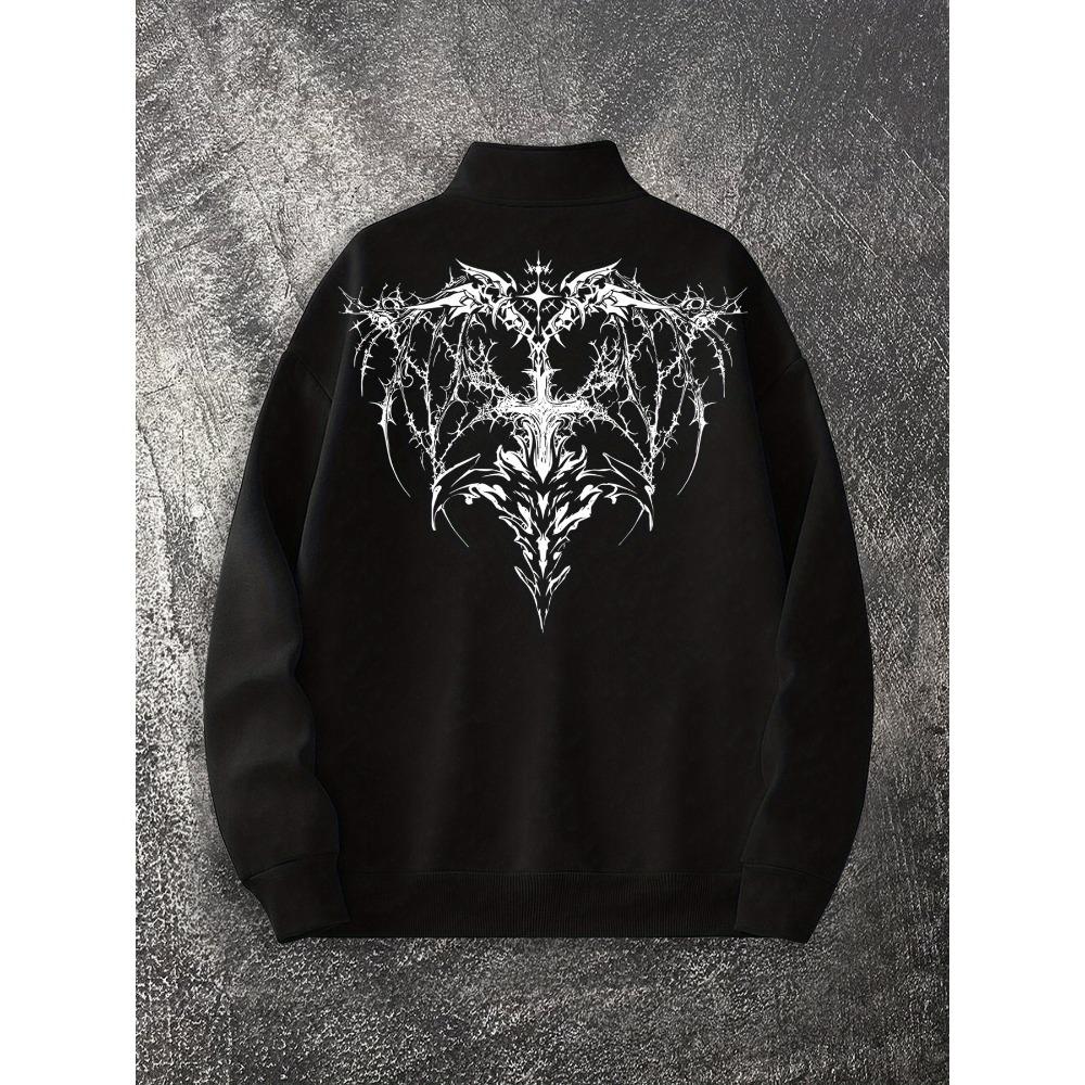 Dark Fashion Print Men's Zip-Up Stand Collar Shirt, Trendy Streetwear Hoodie for Casual Occasions