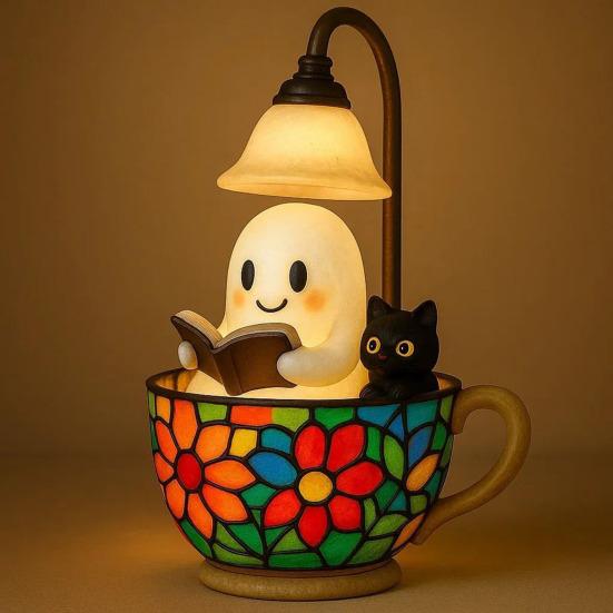 Reading Ghost Cat Night Light Halloween Black Cat White Ghost Cup Lamp Home Bedroom Kids Room Decoration Book Lovers Gift