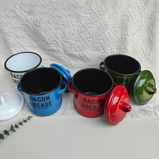 Vintage Enamel Bacon Grease Container with Lid Rustic Farmhouse Grease Container with 2 Handles Kitchen Oil Storage Jar for Storing Lard Spices Soup
