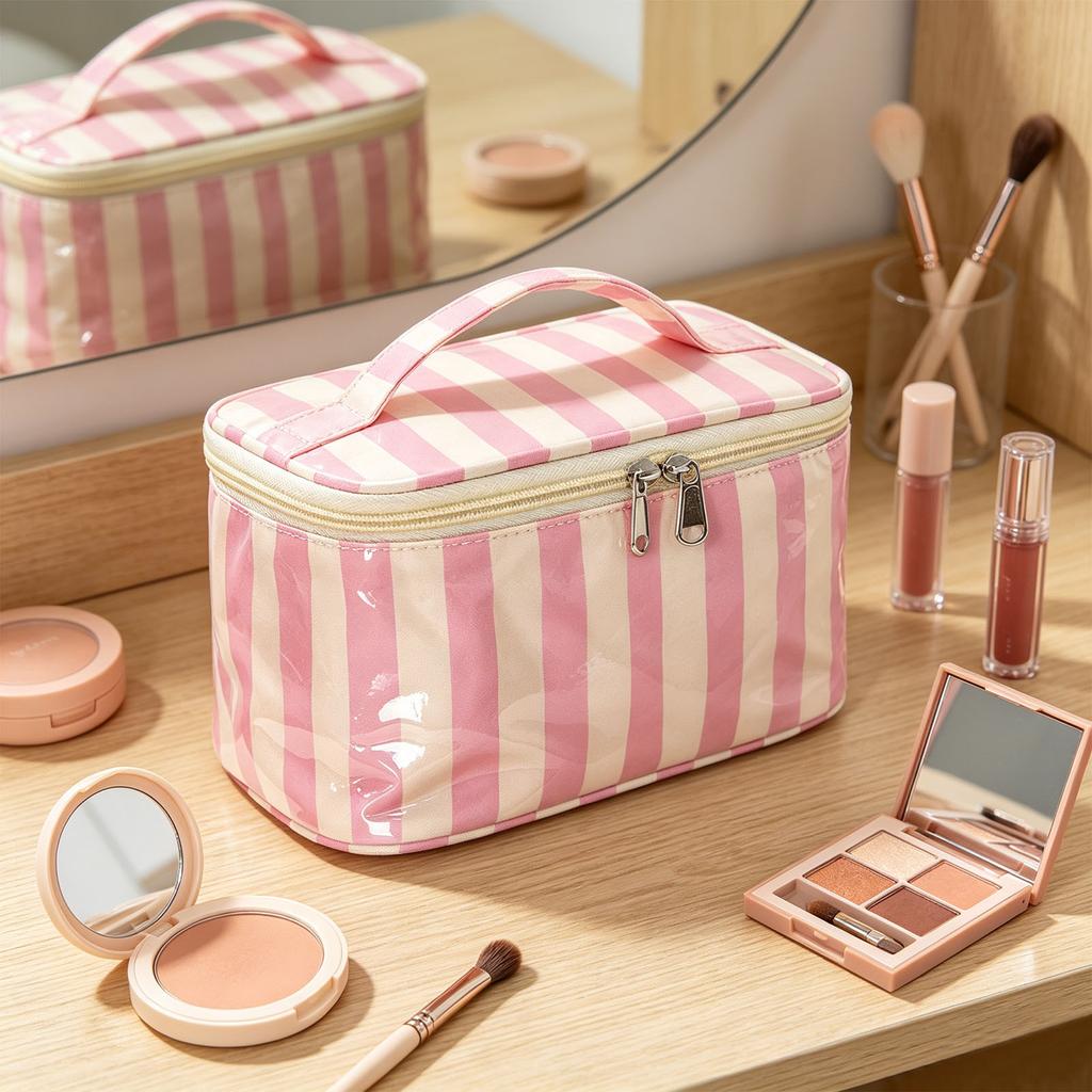 Large Capacity Waterproof PVC Travel Makeup Bag with Handle Striped Design Cosmetic Storage Organizer for Toiletries and Accessories