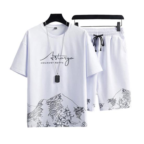 2Pcs/Set O-Neck Short Sleeve Elastic Waistband Drawstring Pockets Casual Outfit Mountain Print Loose T-shirt Loose Shorts Sport Suit Streetwear