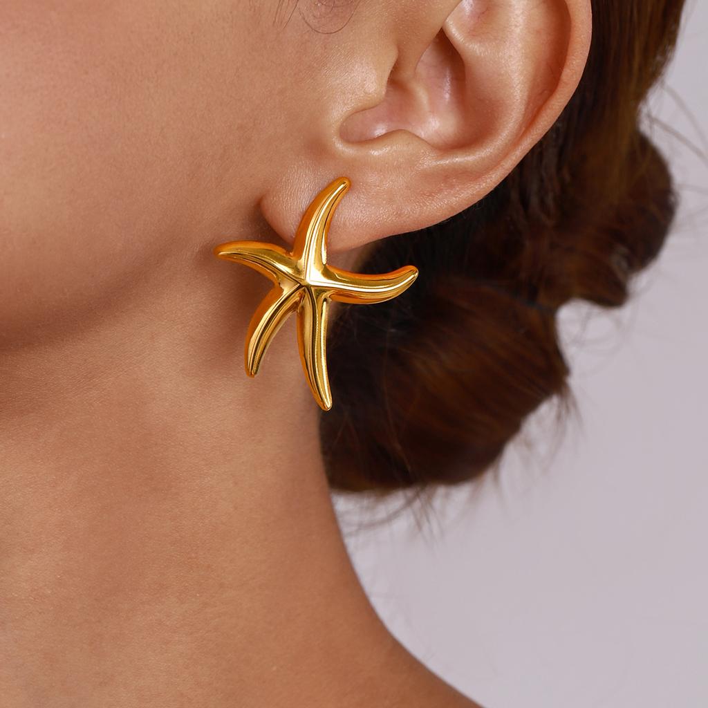 Boucles d'oreilles Anneau Étoile de Mer Style Océanique Été pour Femmes Couleur Or 18K Acier Inoxydable Bijoux de Vacances Quotidiennes Cadeau