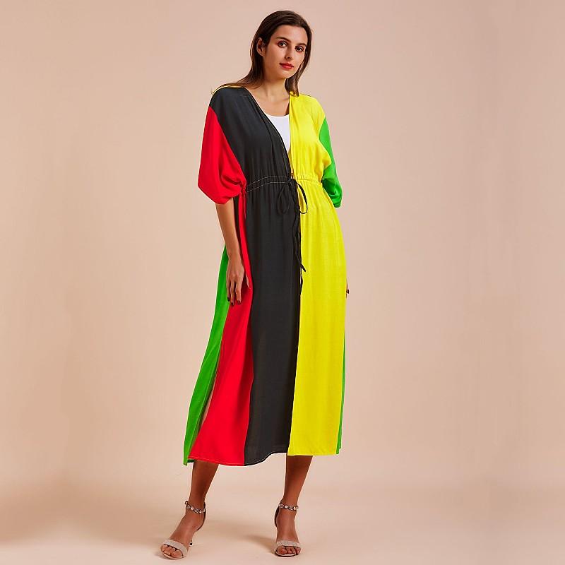 EDOLYNSA Casual Blue Embroidered Long Kimono Cardigan Bikini Cover Up Wrap Dress Beachwear Swimwear Cover Up Q1489