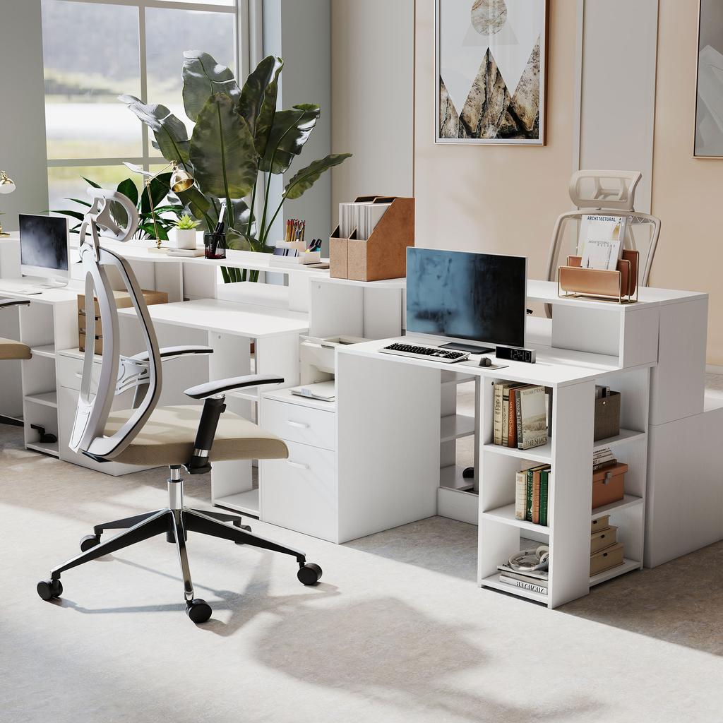Computer desk, desk with storage, 2 drawers, open shelves and printer shelf, 137x55x92cm, white