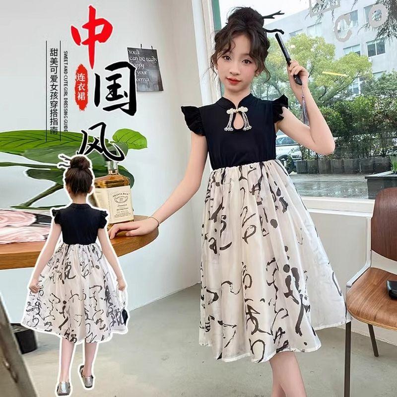 Letnia vintage sukienka Qipao dla dziewczynek Bawełna Len Krótkie bufiaste rękawy Chiński Hanfu Suknia balowa