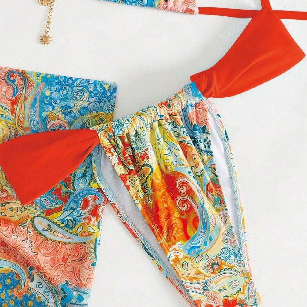 Printed Sexy Bikini Set Three Piece Set with Beach Sarong CLE