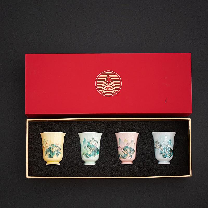 Mutton fat jade master cup, high-end personal hand-painted new color landscape and clear breeze flowing spring tea cup, tea set, 1 cup gift box