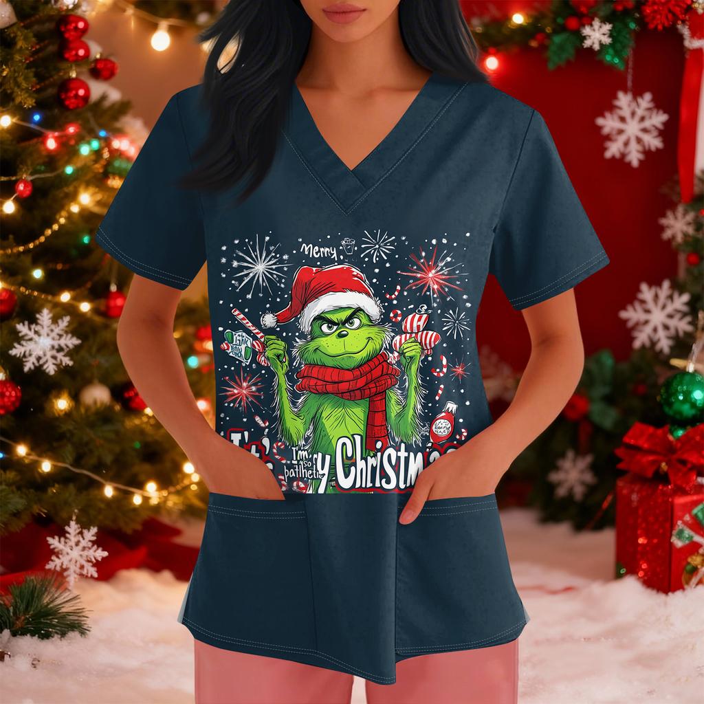 Women's Loose Short Sleeved Fashionable Tooth Pattern Printing V-neck Buttonable Side Slit Top T-shirt