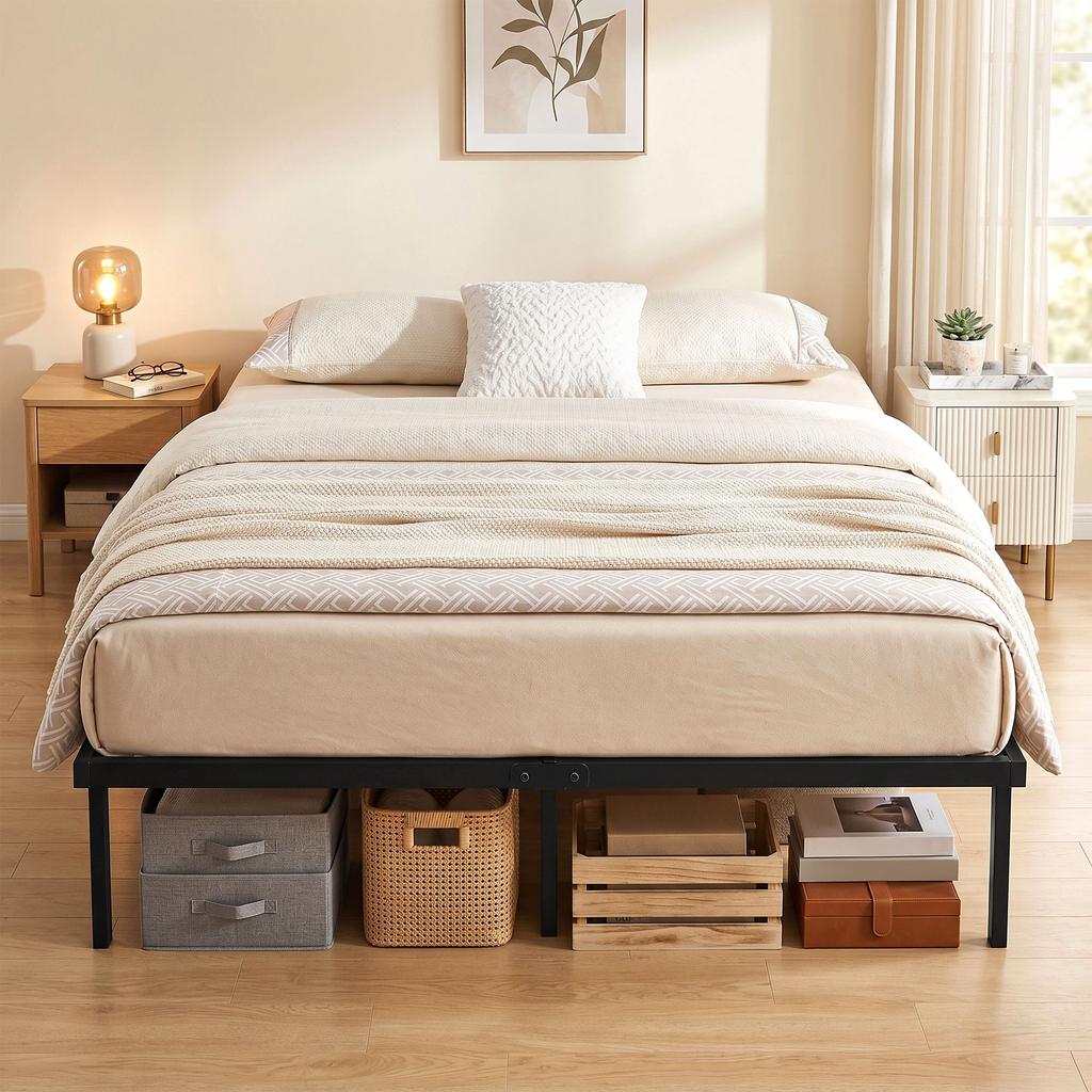 Struttura Letto, 140 x 200 cm Letto in Metallo con Spazio Sotto il Letto, Struttura in Metallo con Base a Doghe, Non Richiede Rete a Molle