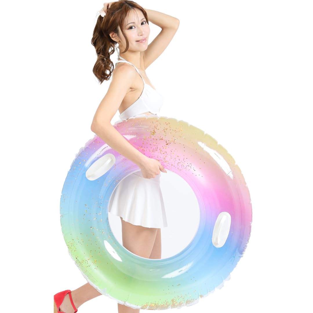 

Kavale Inflatable Ring 100cm Handles Rainbow Glitter Colorful Swimming Pool Float Summer Vacation Sea Bathing Instagram-Worthy Sparkling