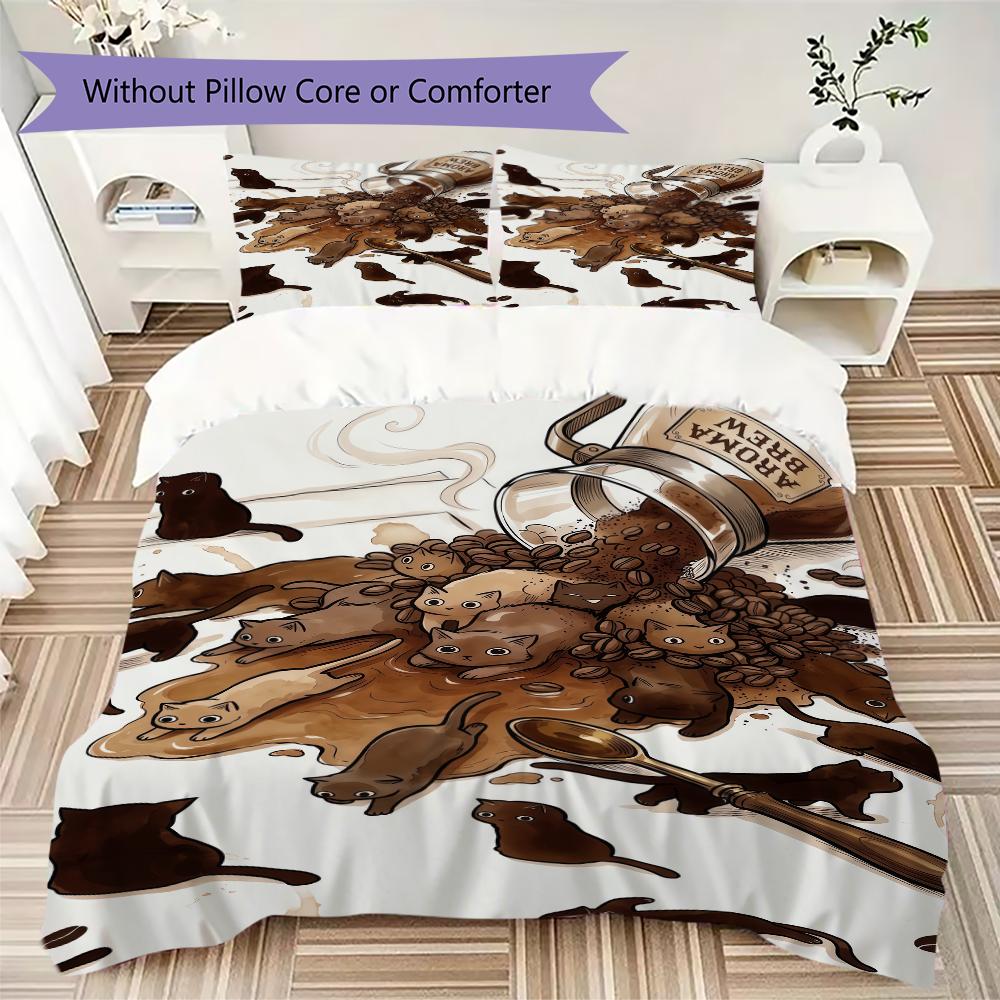 Coffee Black Cat Pattern Bedding Uilt Set Uilt Cover Pillowcase Home Decoration Birthday Gift (1 * Duvet Cover + 2 * Pillowcase Without Core)