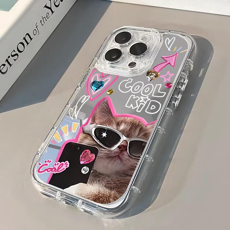 Cool Cat Pattern Phone Case For iPhone 11 12 13 14 15 16 17 Pro Max 16e 17e X XR XS Max 7 8 Plus Mirror Back Shockproof Cover
