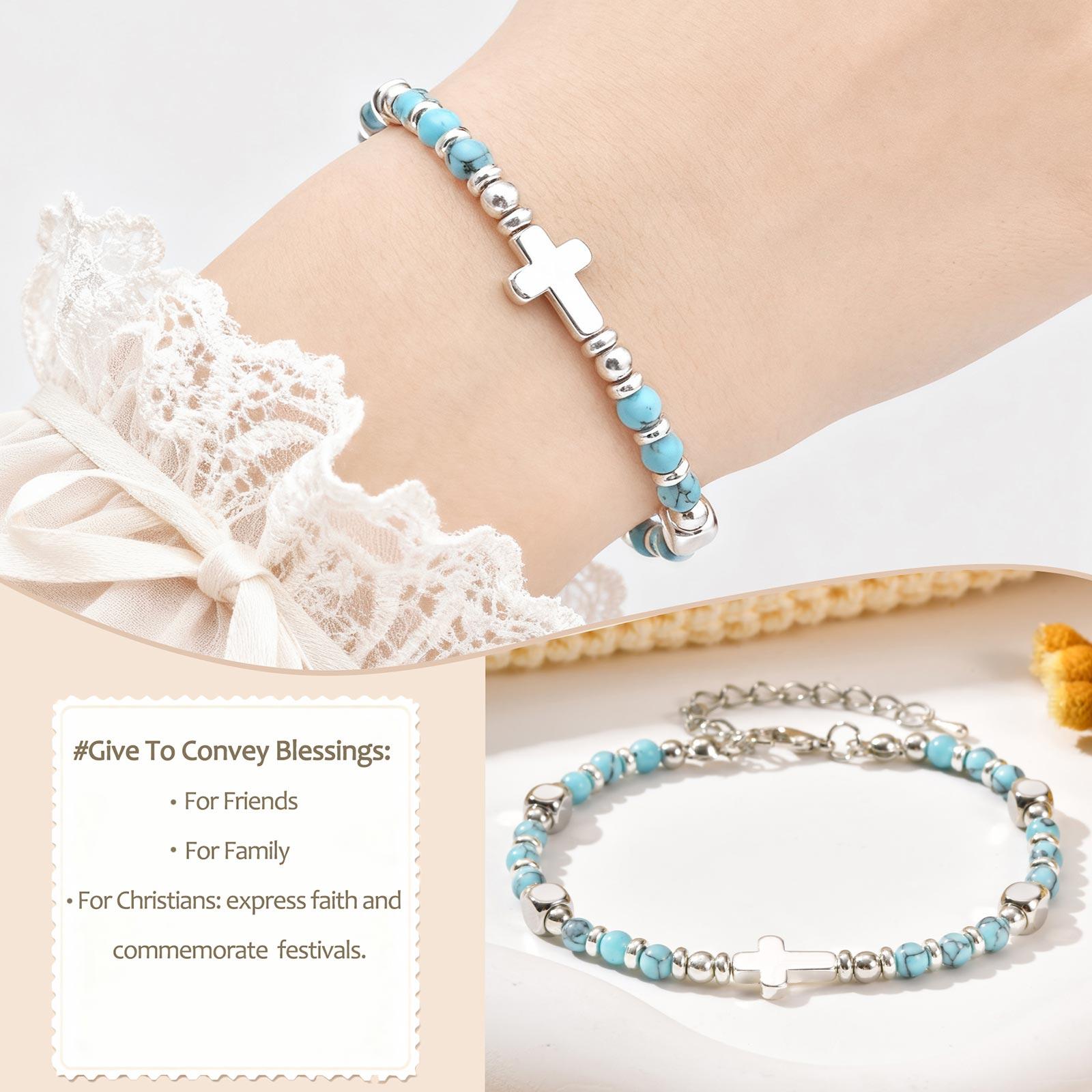 

First Holy Communion Cross Bracelet Nature Stone Beaded Adjustable Easter Gift for Women Christian Religious Jewelry