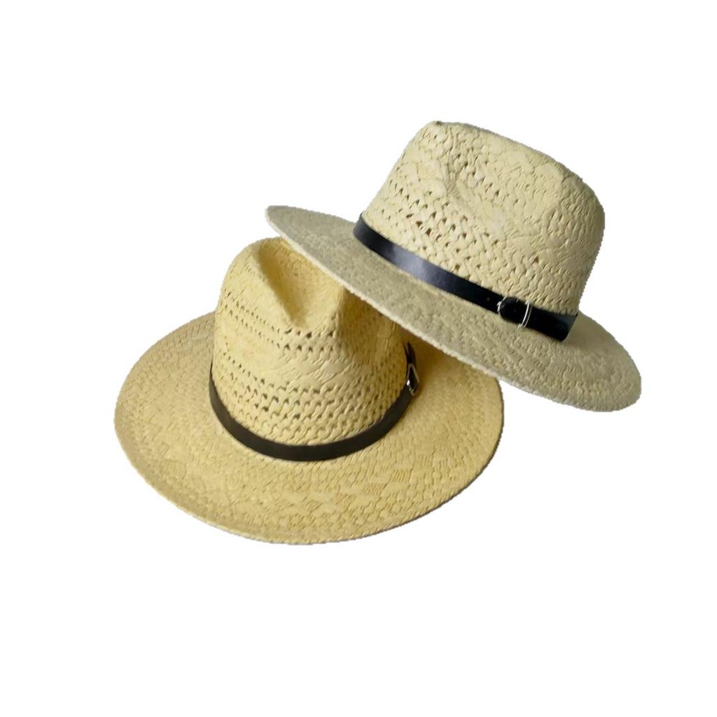 Retro old money wind flat top straw hat women's summer hollow sunshade sunscreen hat seaside beach vacation straw sun hat