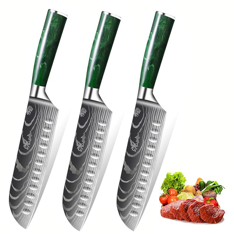 Professional Chef's Knife Damascus Laser Santoku Knife Kitchen Chopping Knives for Vegetable Fruit Boning Knife Resin Handle