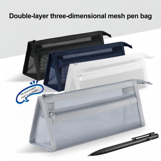 Mesh Pencil Case Compact Makeup Travel Case Large Capacity Portable Stationery Bag Transparent Nylon Organizer for School Exams